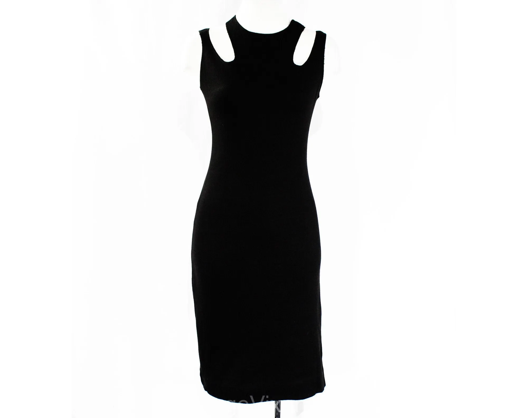 Size 4 Minimalist Dress - Sleeveless Black Cotton Knit by Japanese Designer Junko Koshino - 1920s Sport & Swim Inspired Cutouts - Bust 33