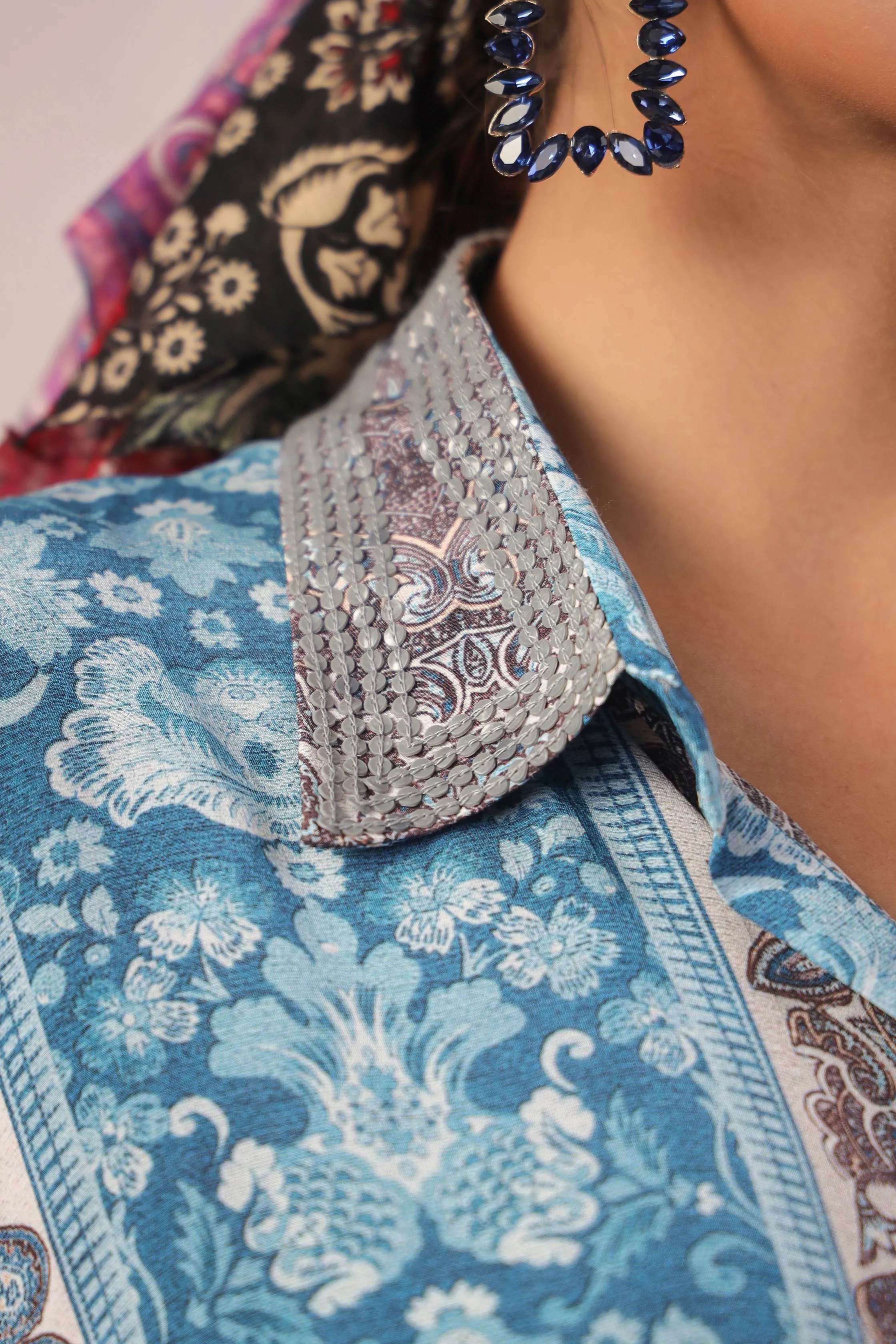 Sky Blue Ethnic Printed Crepe Silk Dress