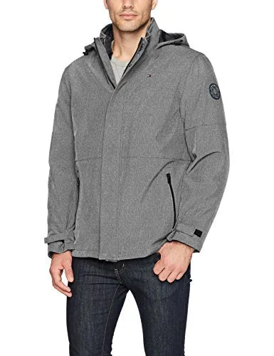 Tommy Hilfiger Men's 3-in-1 Soft Shell Jacket with Hooded Puffer Insert, Heather Grey, X-Large