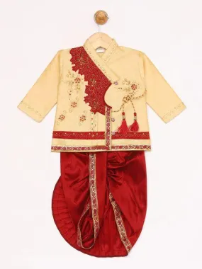 Vastramay Boy's Gold And Maroon Angrakha Kurta and Dhoti Set