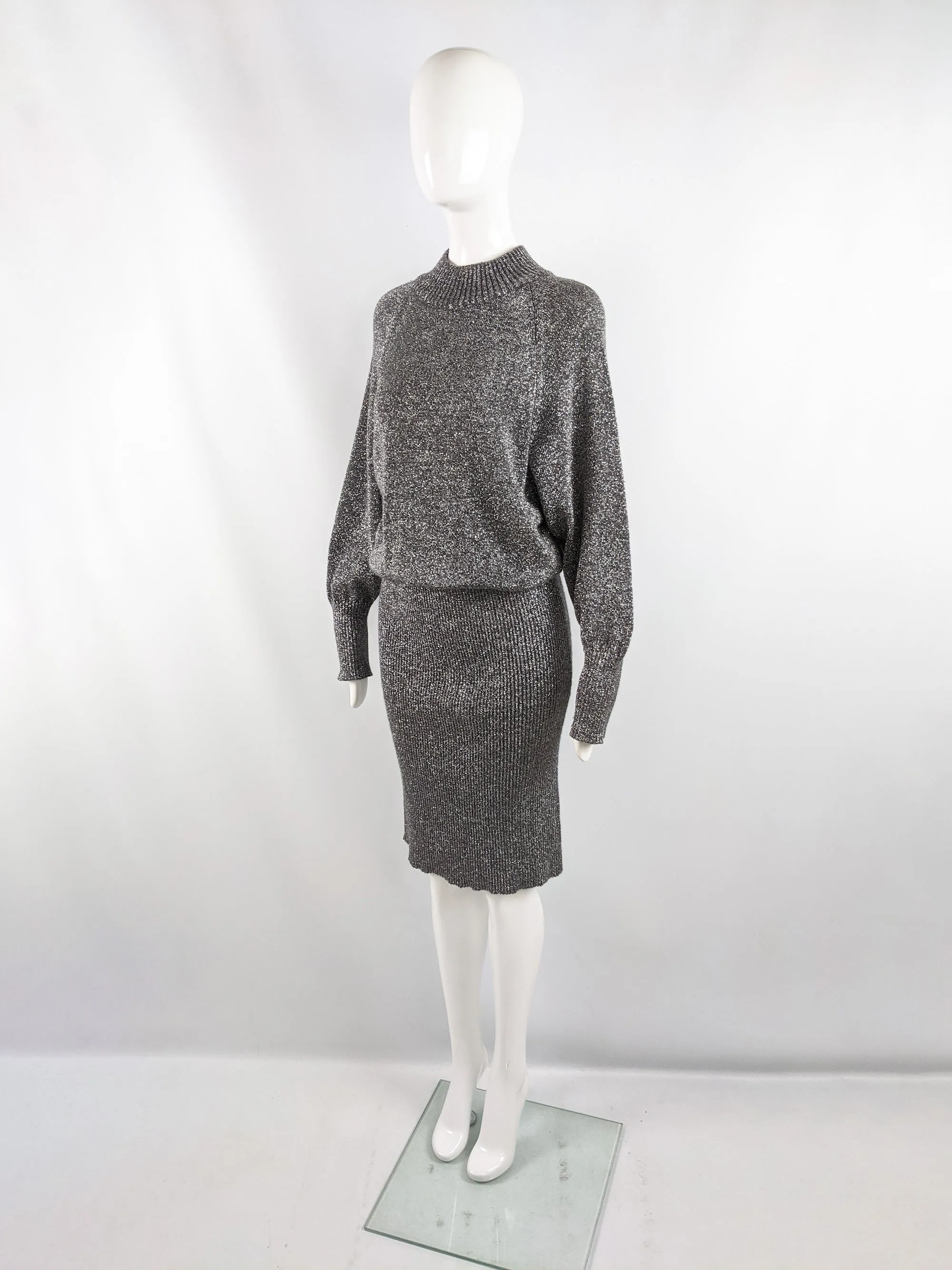Vintage Ribbed Silver Knit Blouson Dress, 1980s