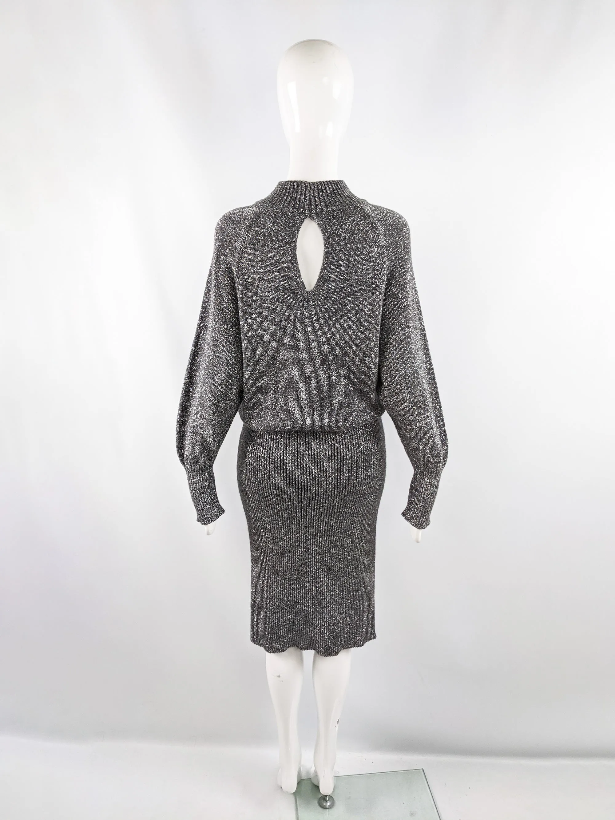 Vintage Ribbed Silver Knit Blouson Dress, 1980s