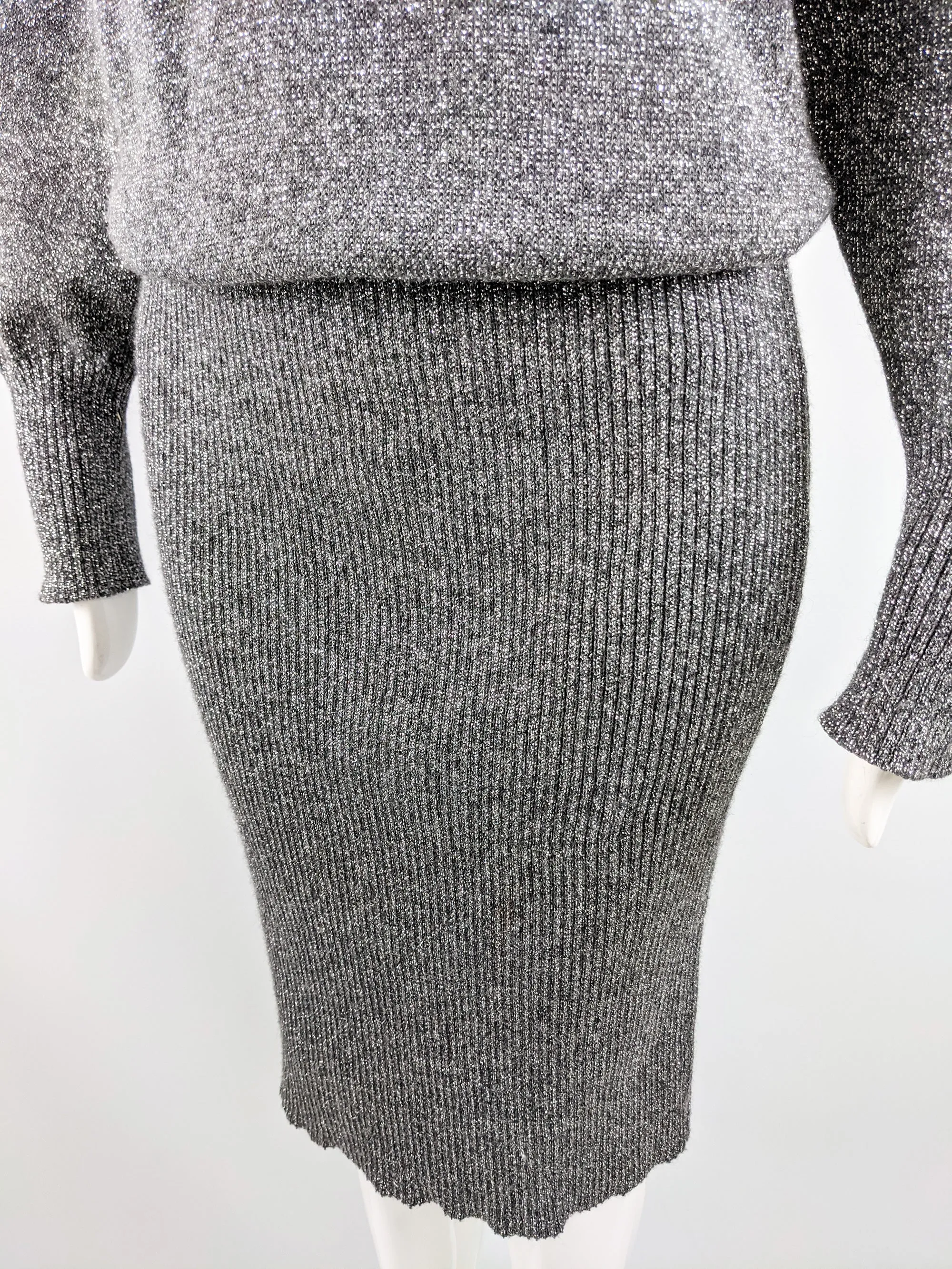 Vintage Ribbed Silver Knit Blouson Dress, 1980s