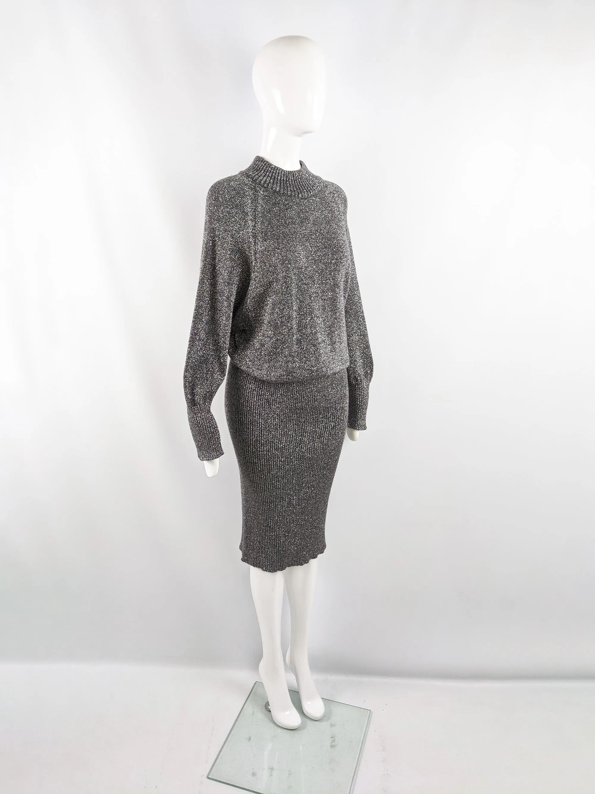 Vintage Ribbed Silver Knit Blouson Dress, 1980s