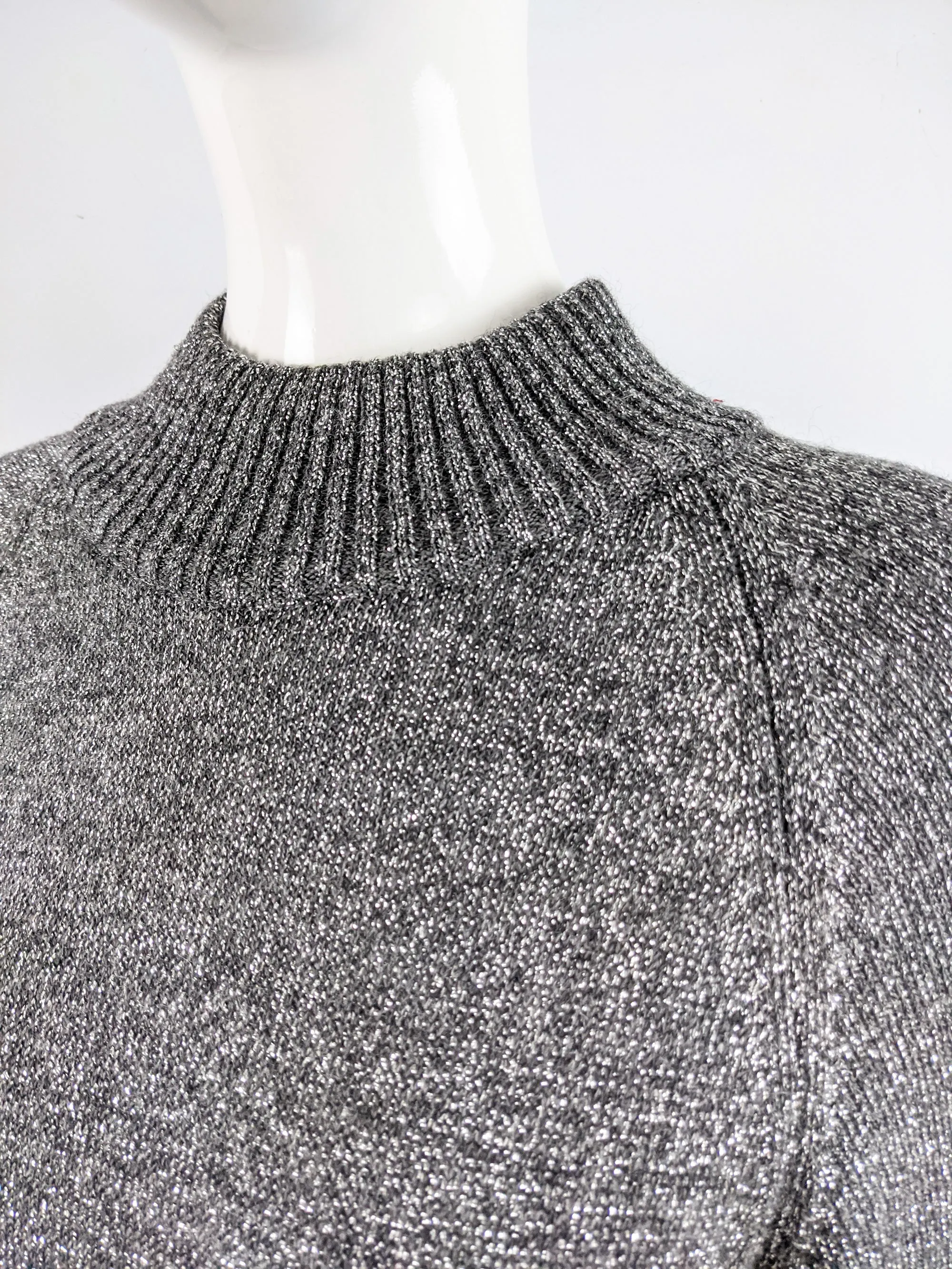 Vintage Ribbed Silver Knit Blouson Dress, 1980s