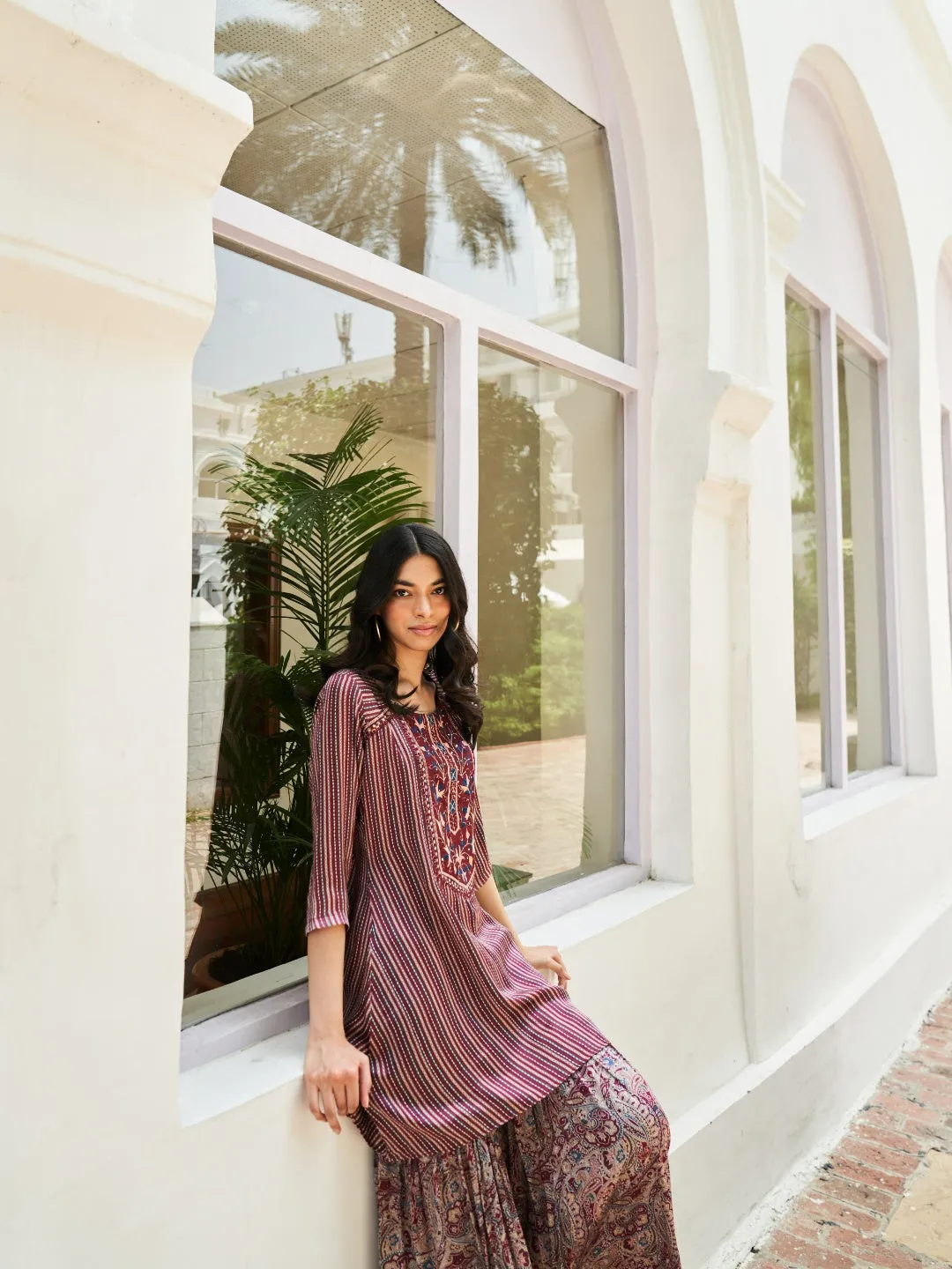 WINE DIGITAL PRINTED VISCOSE SATIN WITH HAND EMBROIDERY CO-ORDS SET