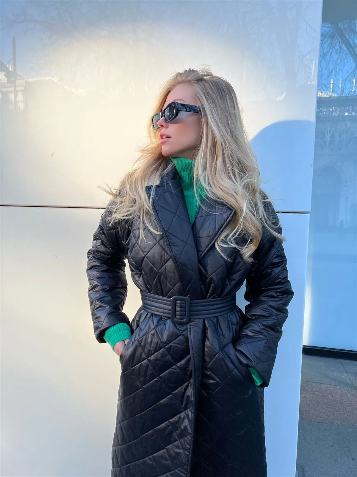 Winter Woman Coat Long Straight Rhombus Pattern Parkas Green Casual Sashes Windproof Warm Thick Coat Elegant Female Outwear