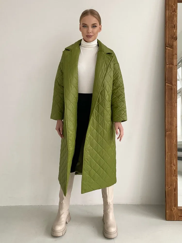 Winter Woman Coat Long Straight Rhombus Pattern Parkas Green Casual Sashes Windproof Warm Thick Coat Elegant Female Outwear