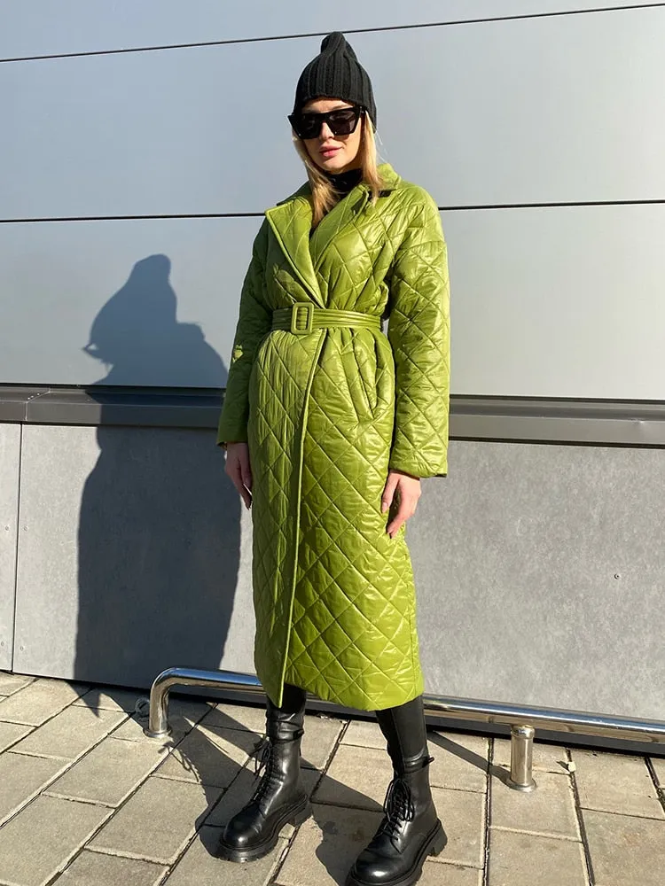 Winter Woman Coat Long Straight Rhombus Pattern Parkas Green Casual Sashes Windproof Warm Thick Coat Elegant Female Outwear