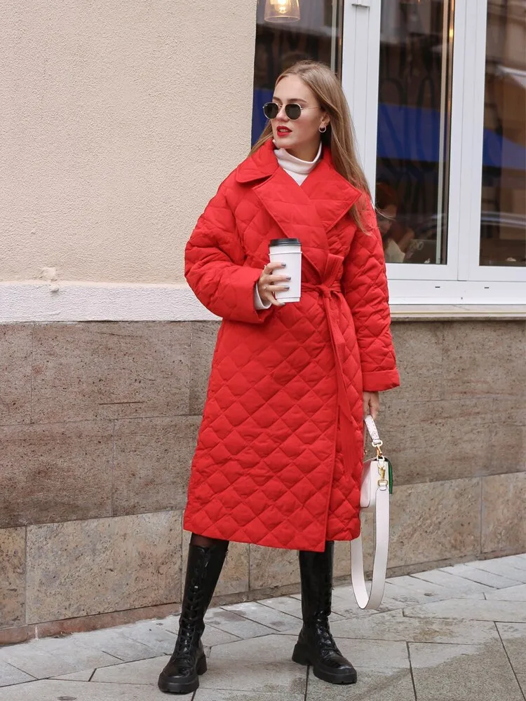 Winter Woman Coat Long Straight Rhombus Pattern Parkas Green Casual Sashes Windproof Warm Thick Coat Elegant Female Outwear