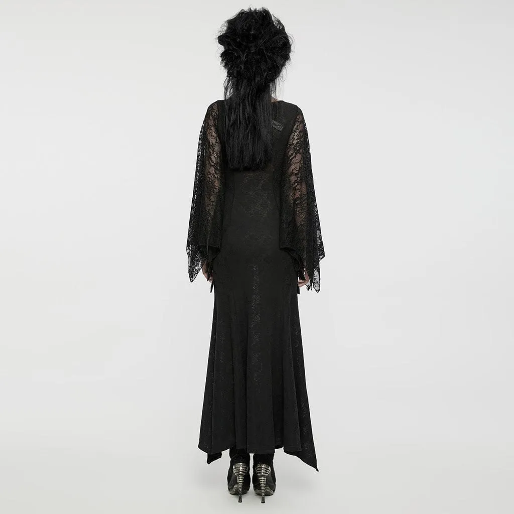 Women's Gothic Lace Sleeved Buckle Strap Splice Party Dress