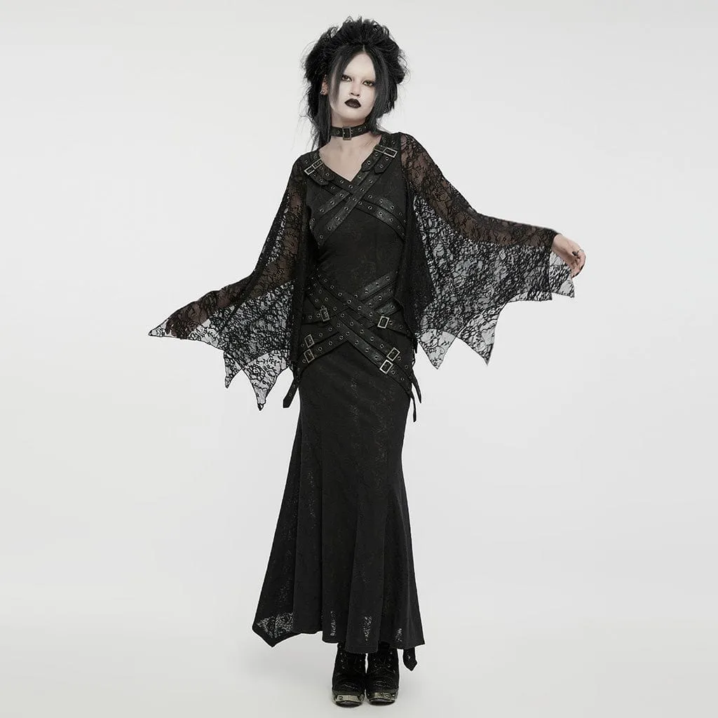Women's Gothic Lace Sleeved Buckle Strap Splice Party Dress