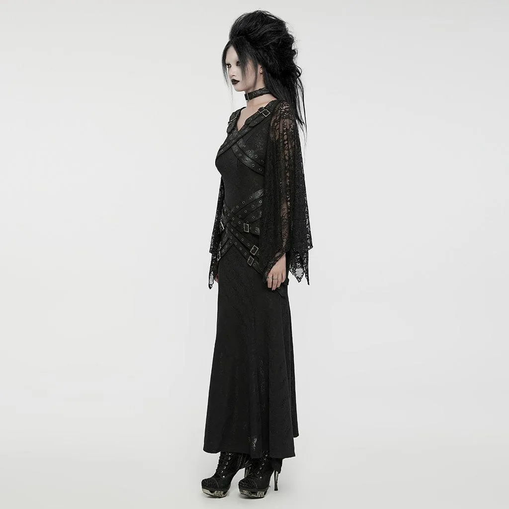 Women's Gothic Lace Sleeved Buckle Strap Splice Party Dress