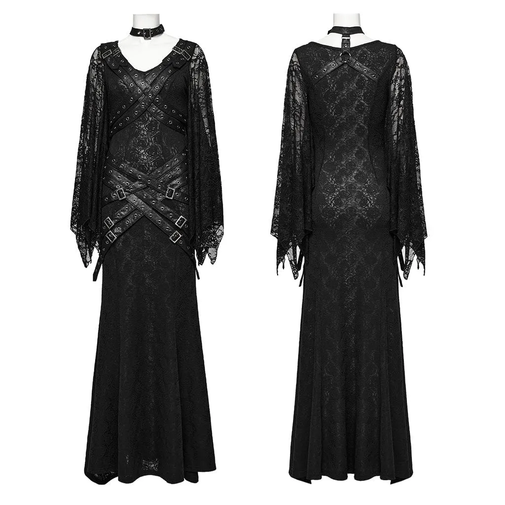 Women's Gothic Lace Sleeved Buckle Strap Splice Party Dress