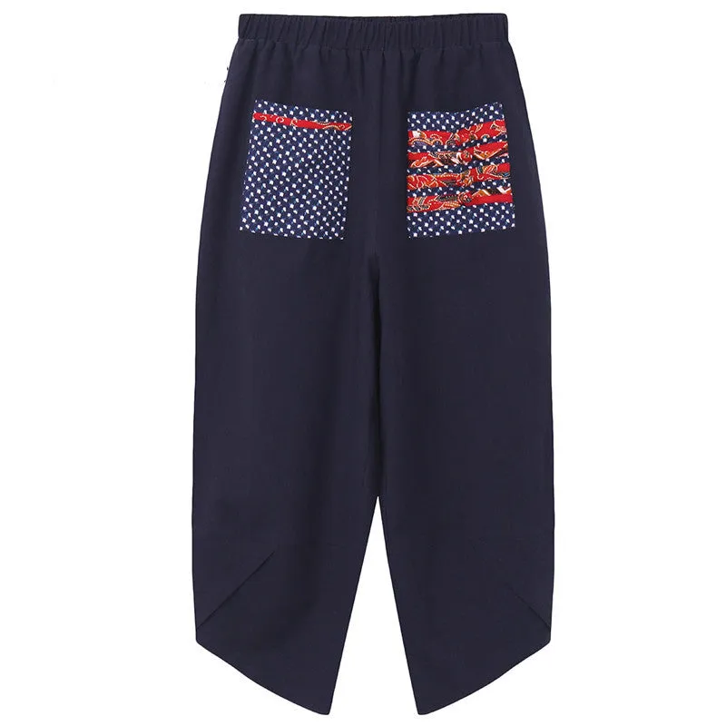 Women's Loose Linen Elastic Waist Ethnic Splicing Harem Pants