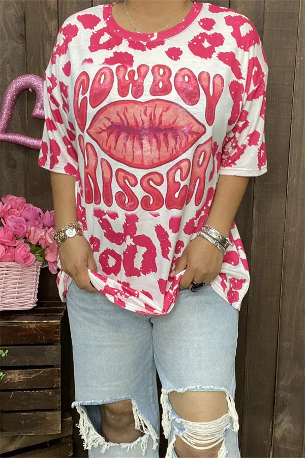 XCH14626 COWBOY KISSER LIPS fuchsia leopard short sleeve women T-shirt