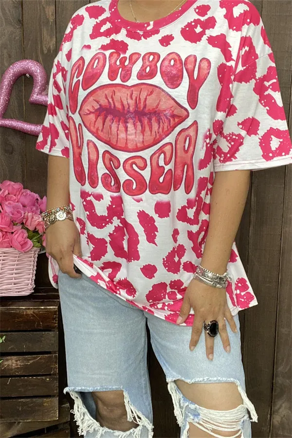XCH14626 COWBOY KISSER LIPS fuchsia leopard short sleeve women T-shirt