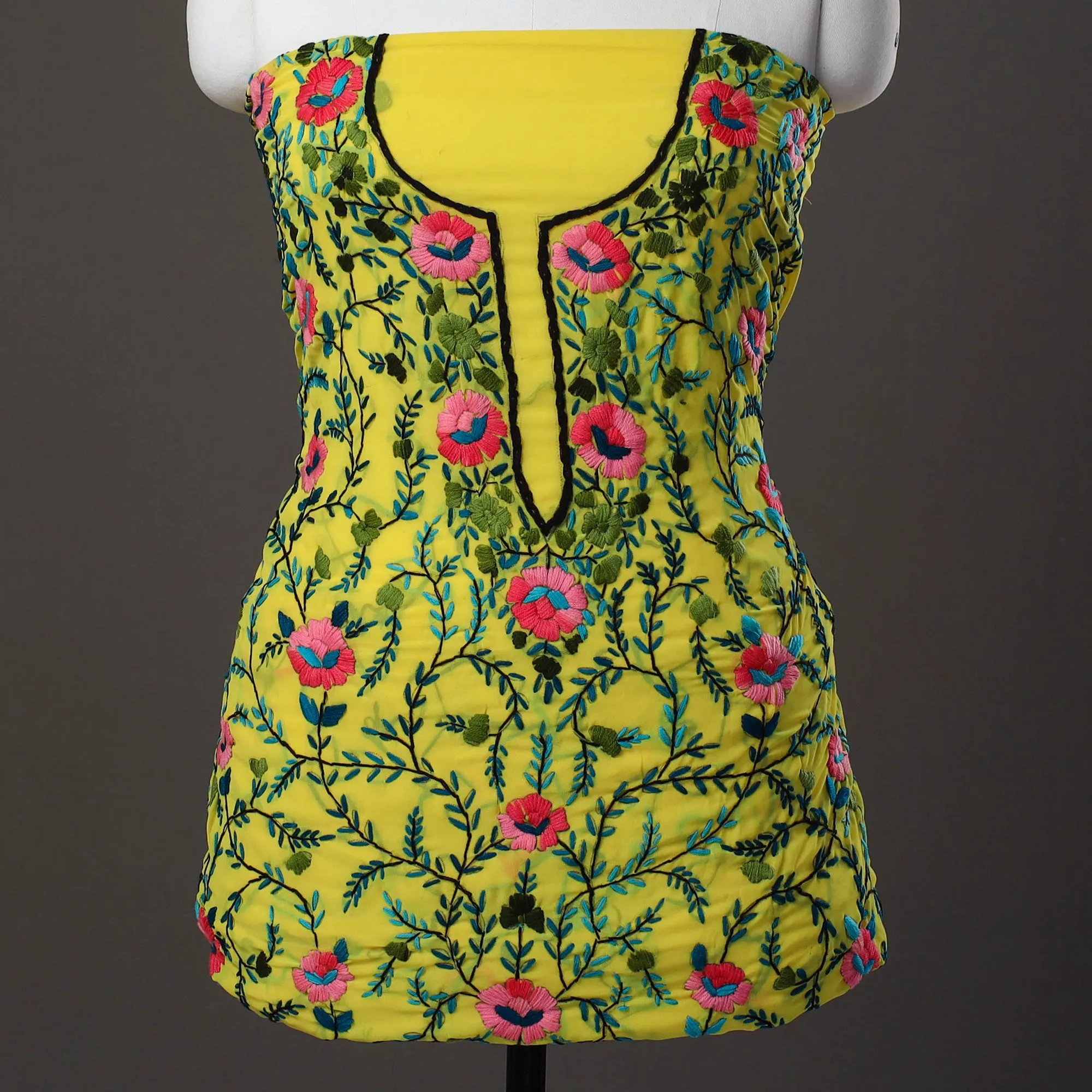 Yellow - 3pc Hand Embroidery Georgette Phulkari Dress Material 05
