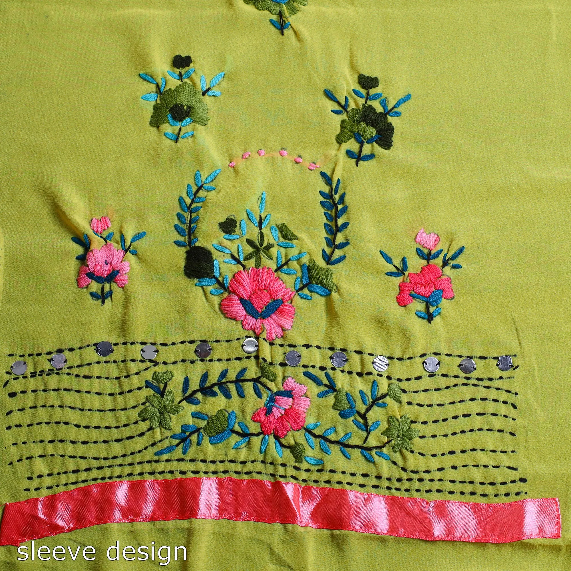 Yellow - 3pc Hand Embroidery Georgette Phulkari Dress Material 05
