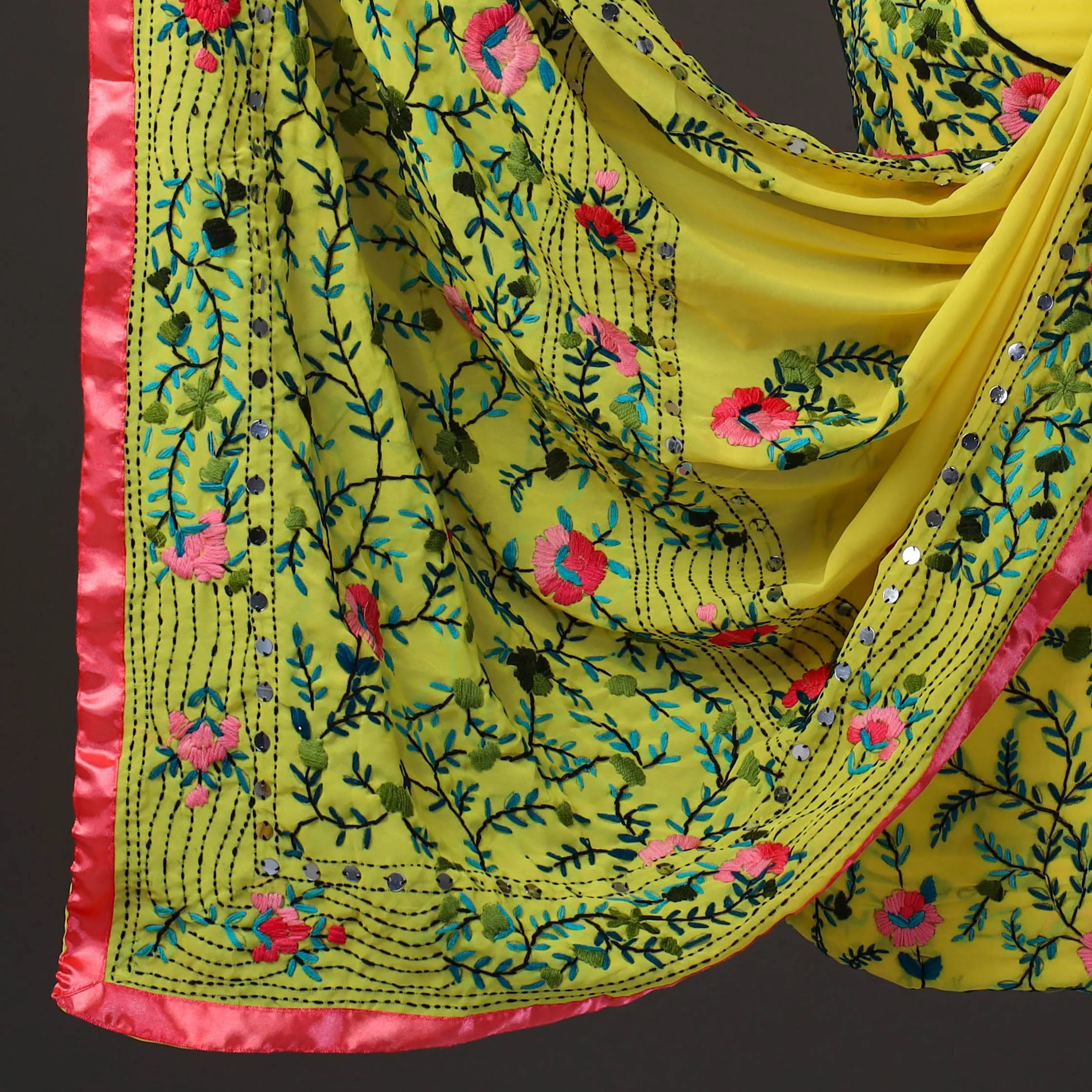 Yellow - 3pc Hand Embroidery Georgette Phulkari Dress Material 05