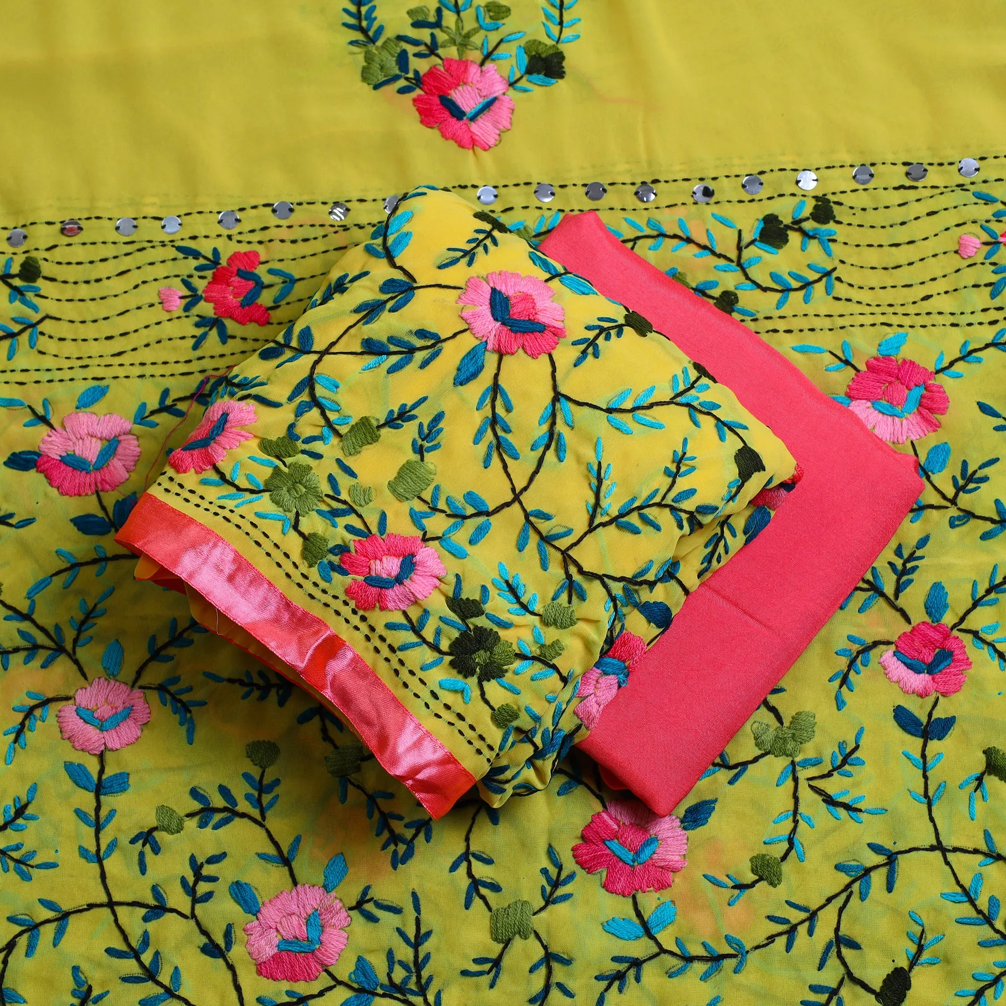 Yellow - 3pc Hand Embroidery Georgette Phulkari Dress Material 05