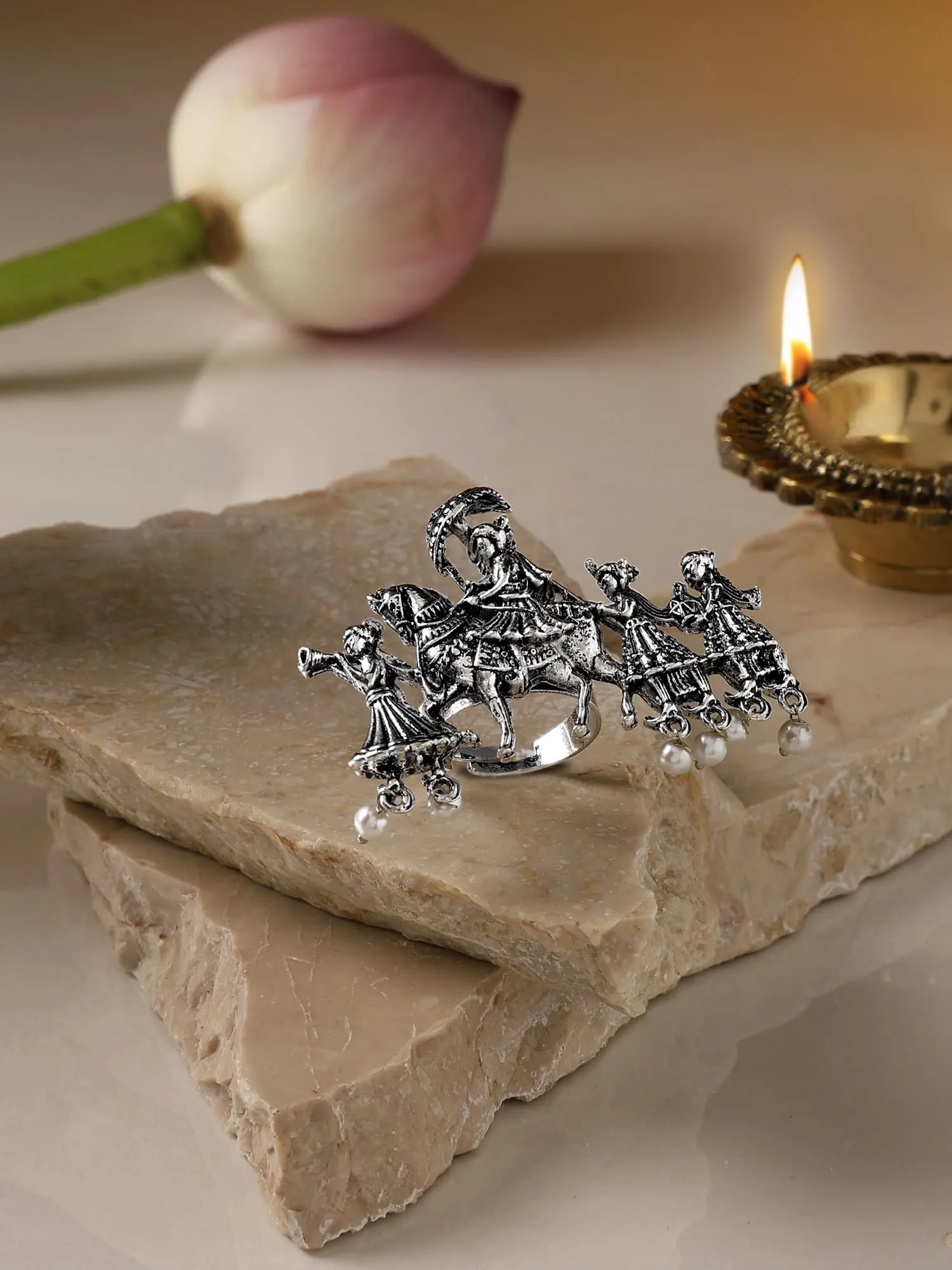 ZAVERI PEARLS Silver Tone Barat Design Antique Oxidised Adjustable Finger Ring For Women-ZPFK16650