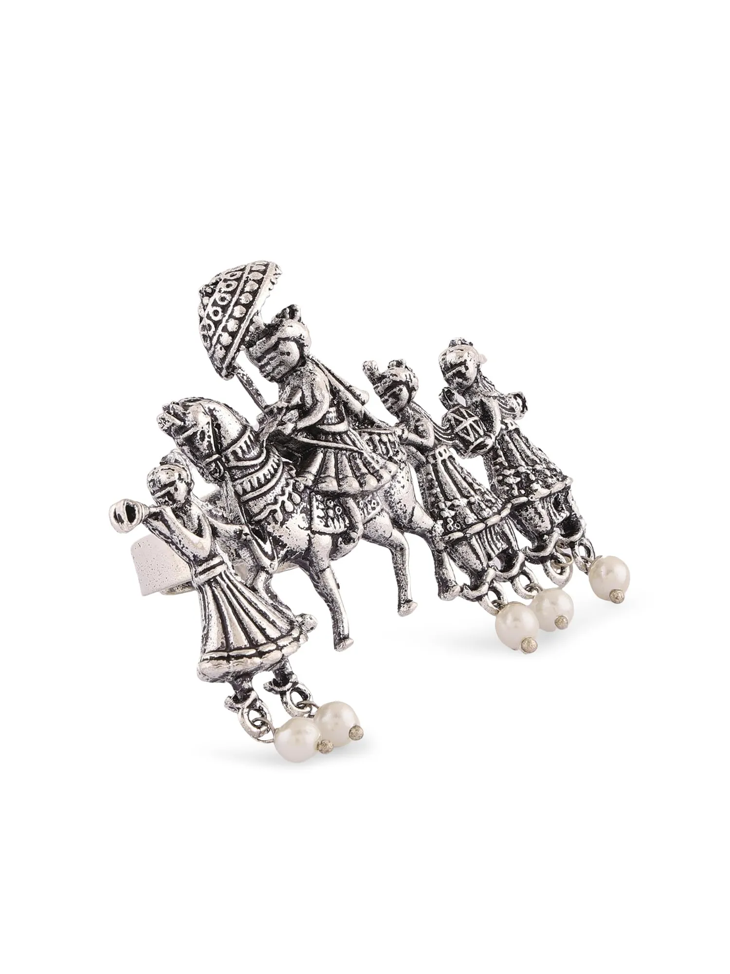 ZAVERI PEARLS Silver Tone Barat Design Antique Oxidised Adjustable Finger Ring For Women-ZPFK16650