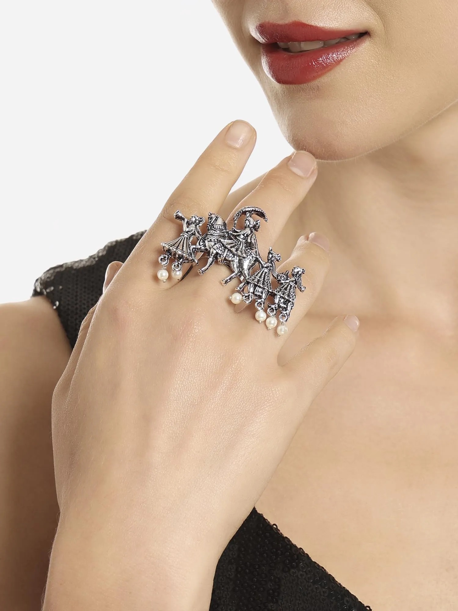ZAVERI PEARLS Silver Tone Barat Design Antique Oxidised Adjustable Finger Ring For Women-ZPFK16650