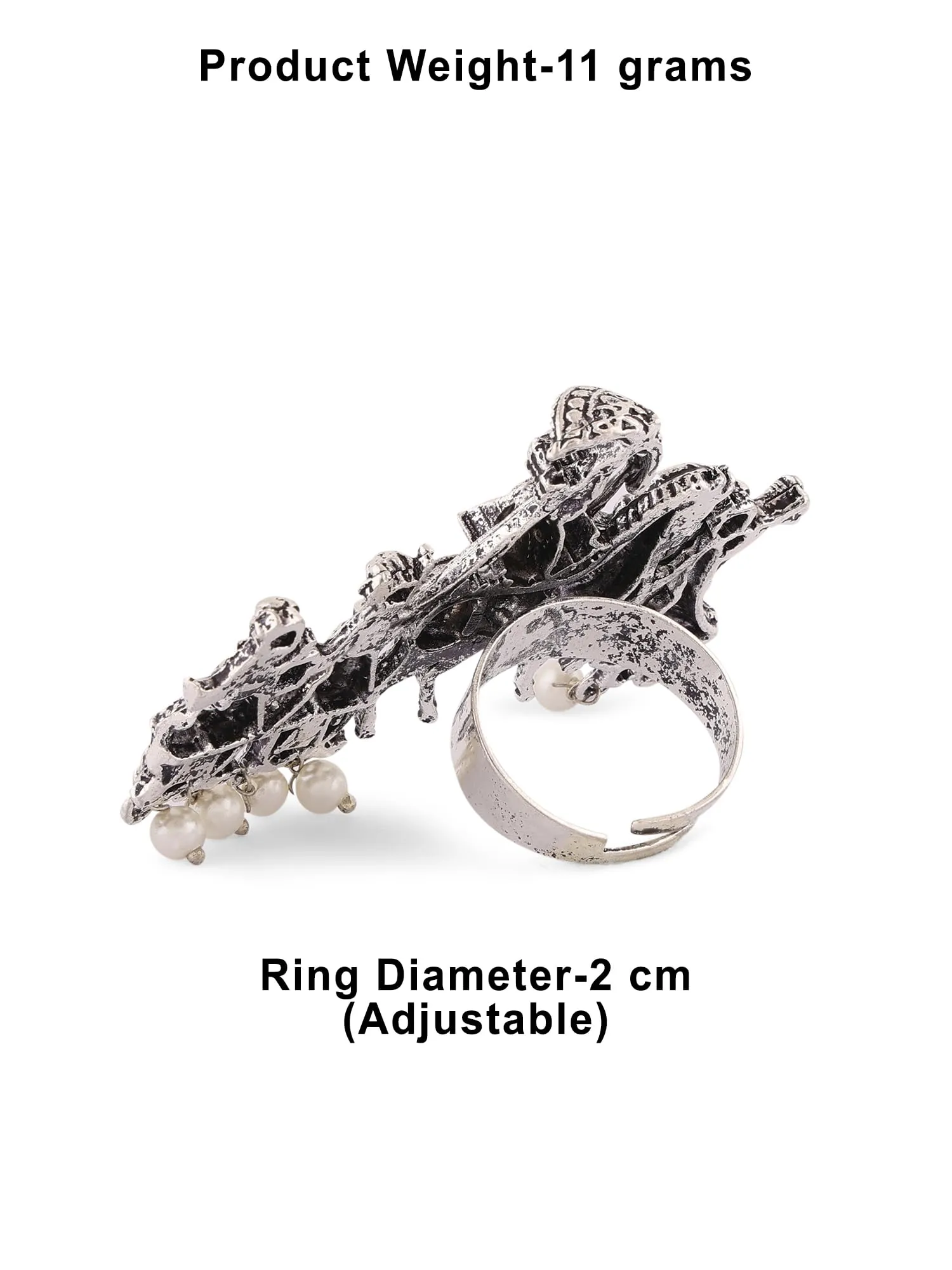 ZAVERI PEARLS Silver Tone Barat Design Antique Oxidised Adjustable Finger Ring For Women-ZPFK16650